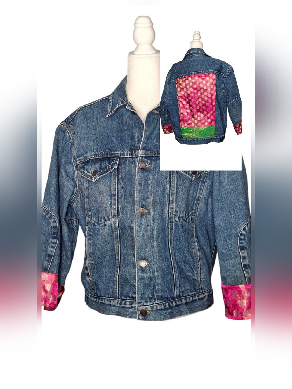 Upcycled Denim Kantha Jacket Colorful Distressed Size XL *READ